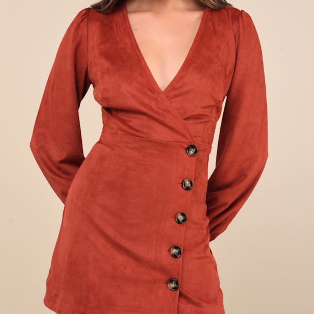 Lulus Chicest Aura Rust Suede Surplice Long Sleeve Mini Dress Orange - Size L